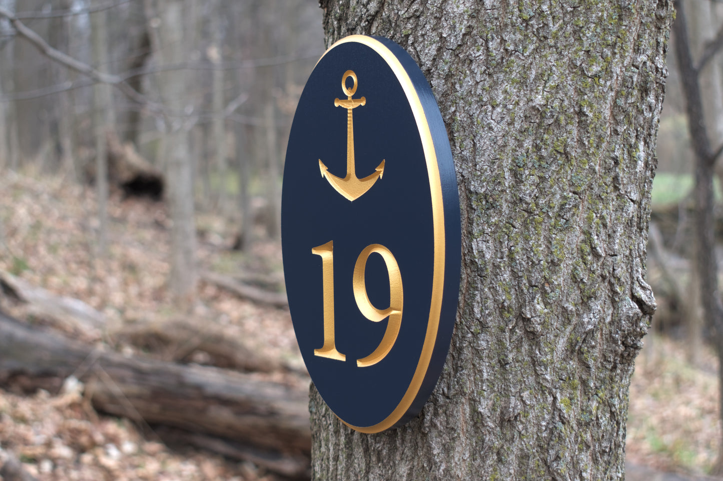 Carved Vertical Oval Address Plaque, Anchor Design