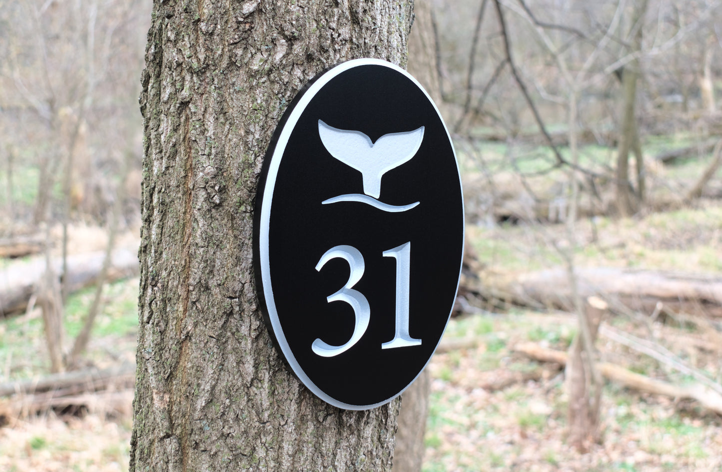 Carved Vertical Oval Address Plaque, Whale Design