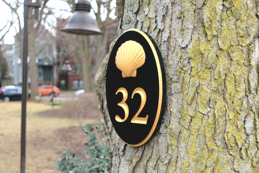 Vertical Oval Carved Address Plaque With Scallop Shell