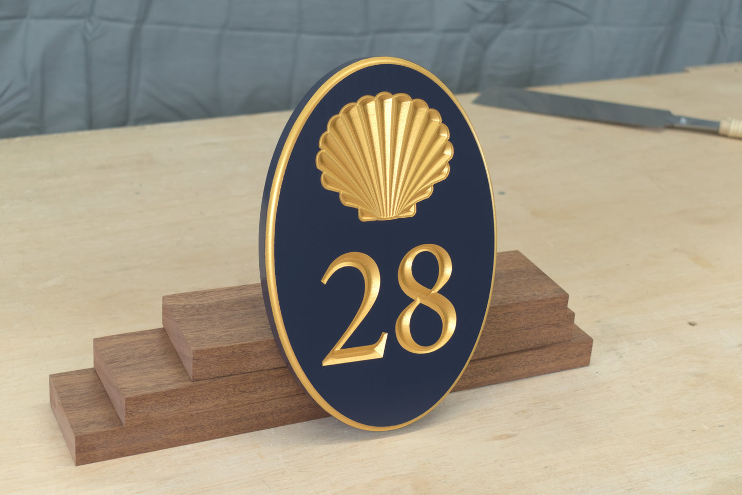 Carved Vertical Oval Address Plaque, Shell Design