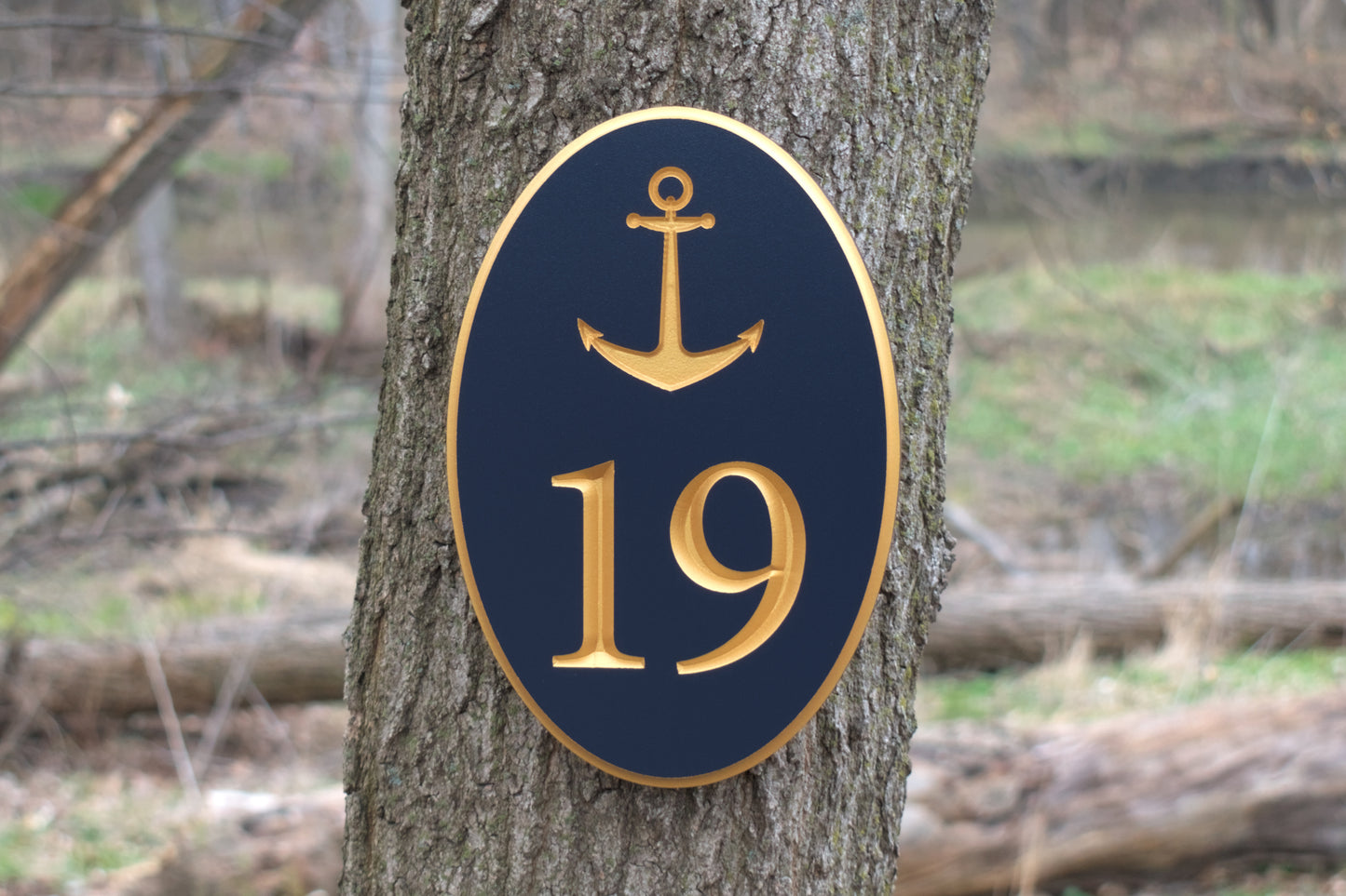 Carved Vertical Oval Address Plaque, Anchor Design