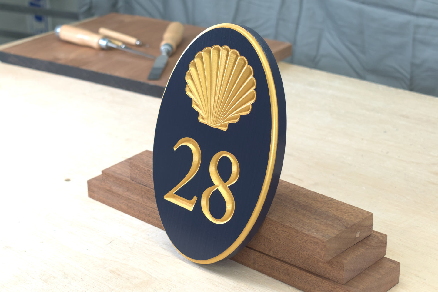 Carved Vertical Oval Address Plaque, Shell Design