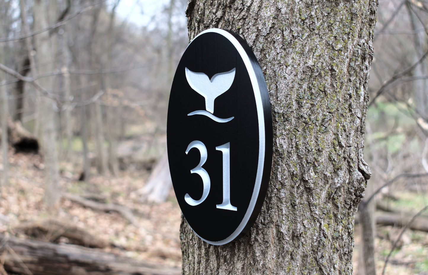 Carved Vertical Oval Address Plaque, Whale Design