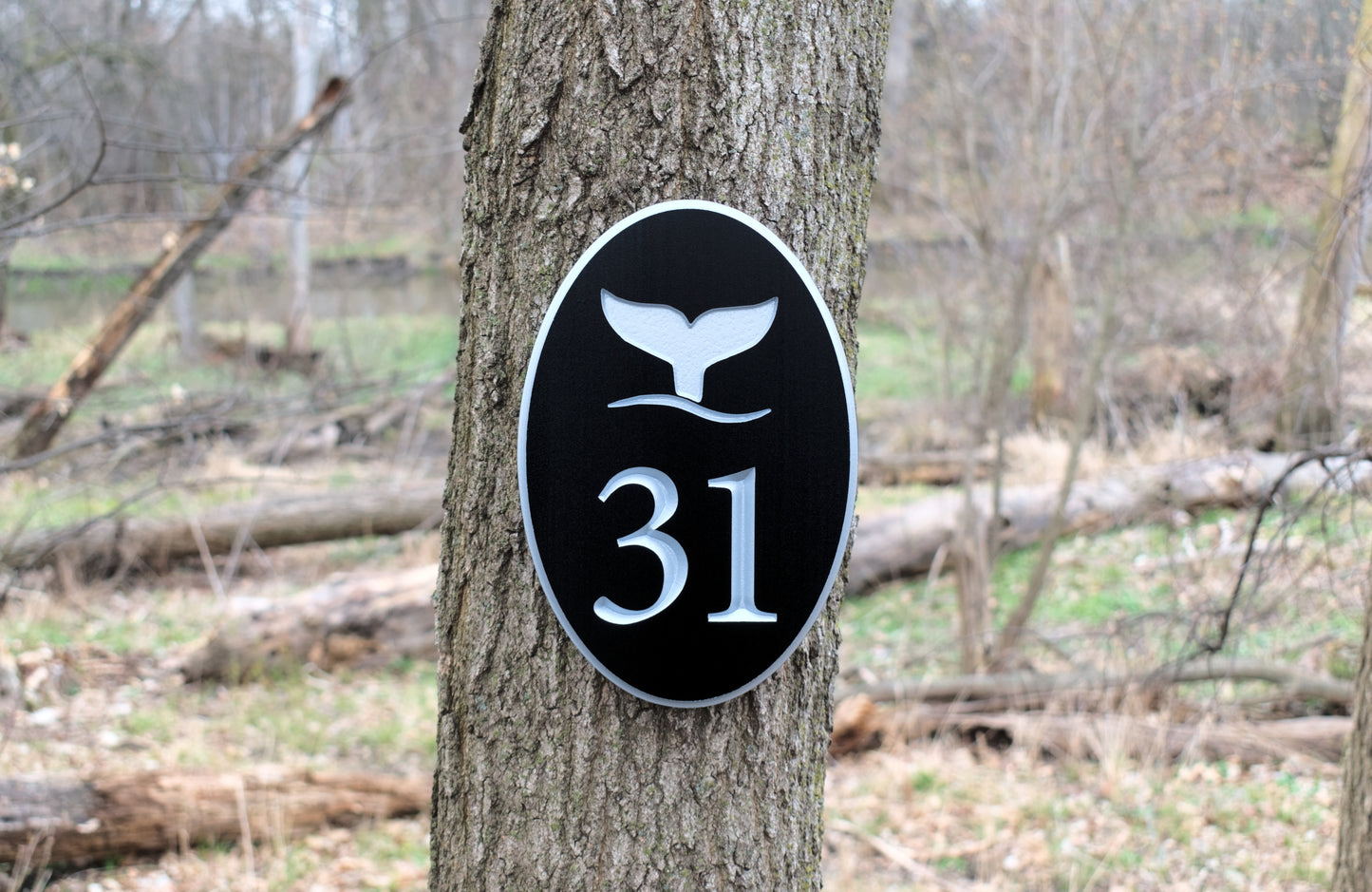 Carved Vertical Oval Address Plaque, Whale Design