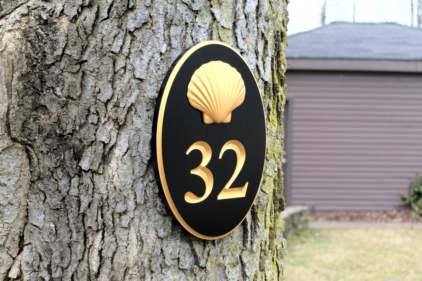 Vertical Oval Carved Address Plaque With Scallop Shell
