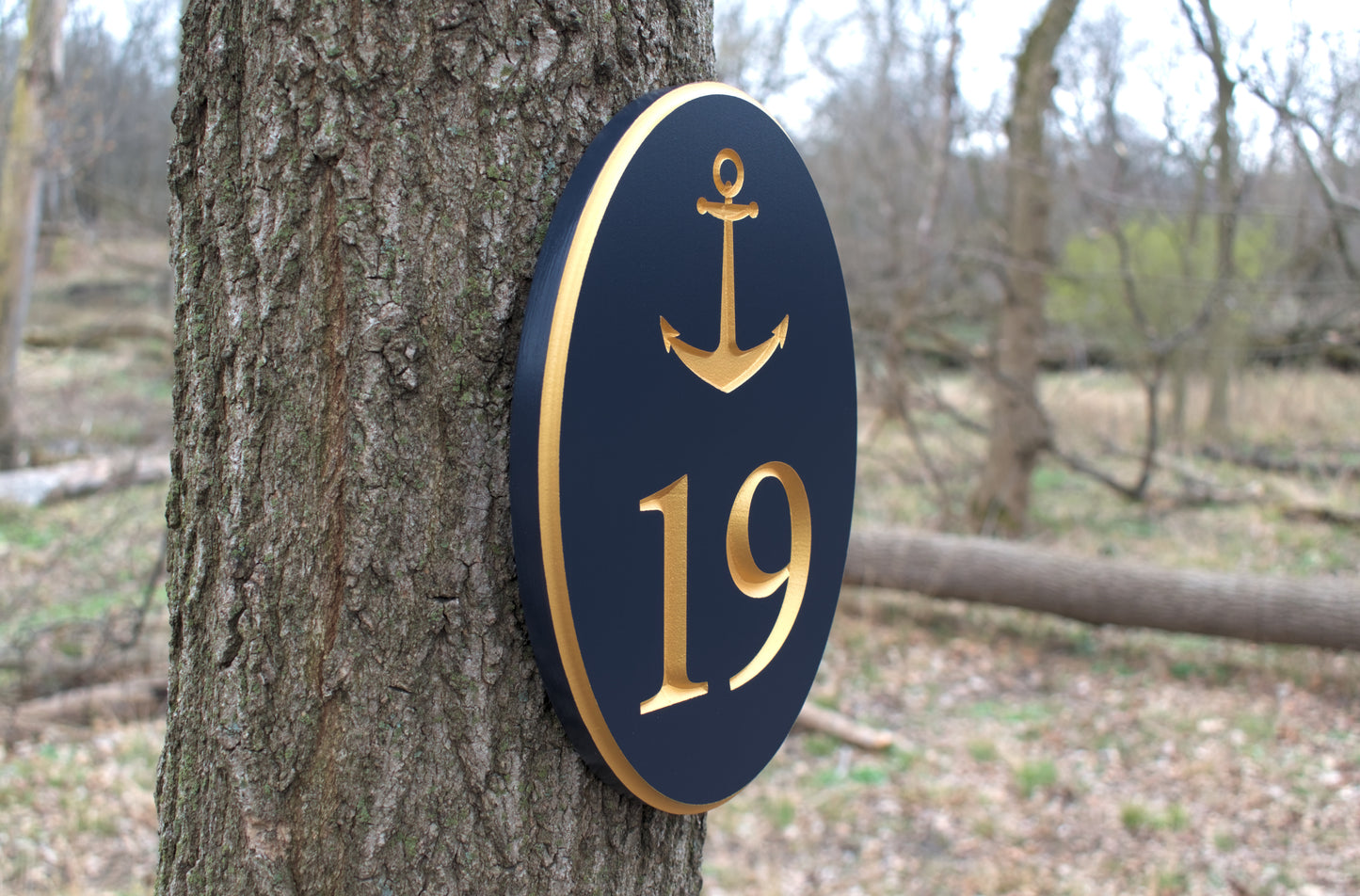Carved Vertical Oval Address Plaque, Anchor Design