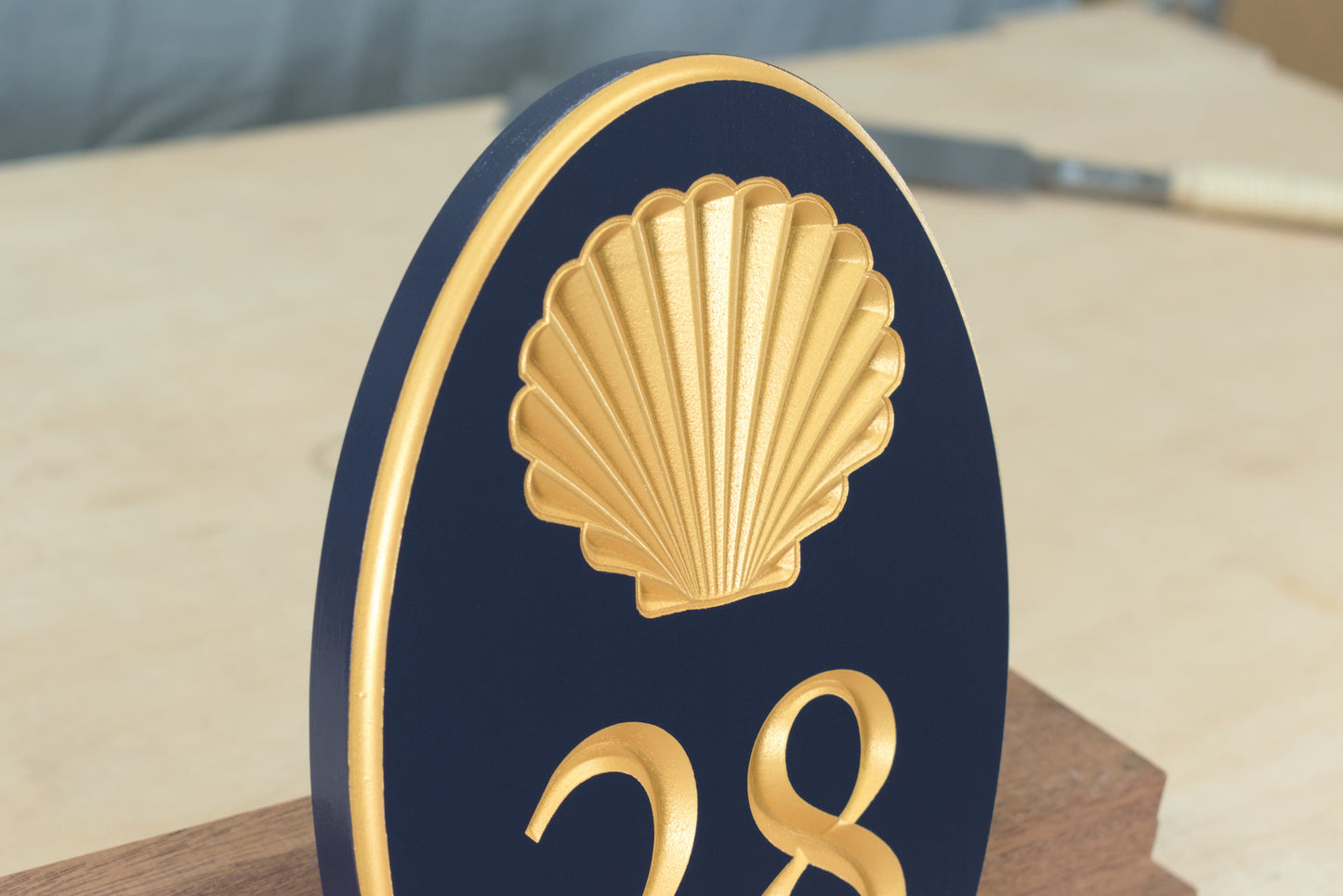 Carved Vertical Oval Address Plaque, Shell Design