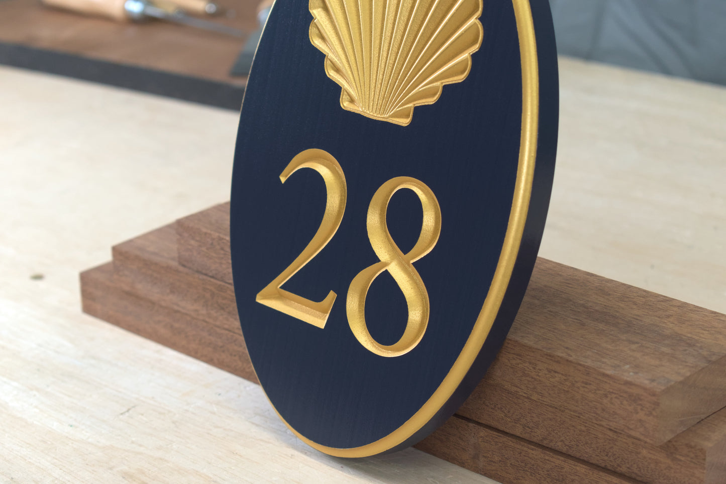 Carved Vertical Oval Address Plaque, Shell Design