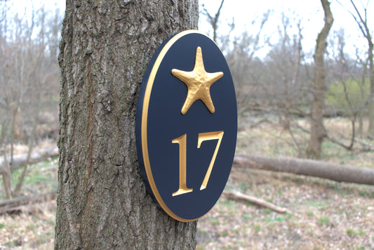 Vertical Oval Carved Address Plaque With Starfish