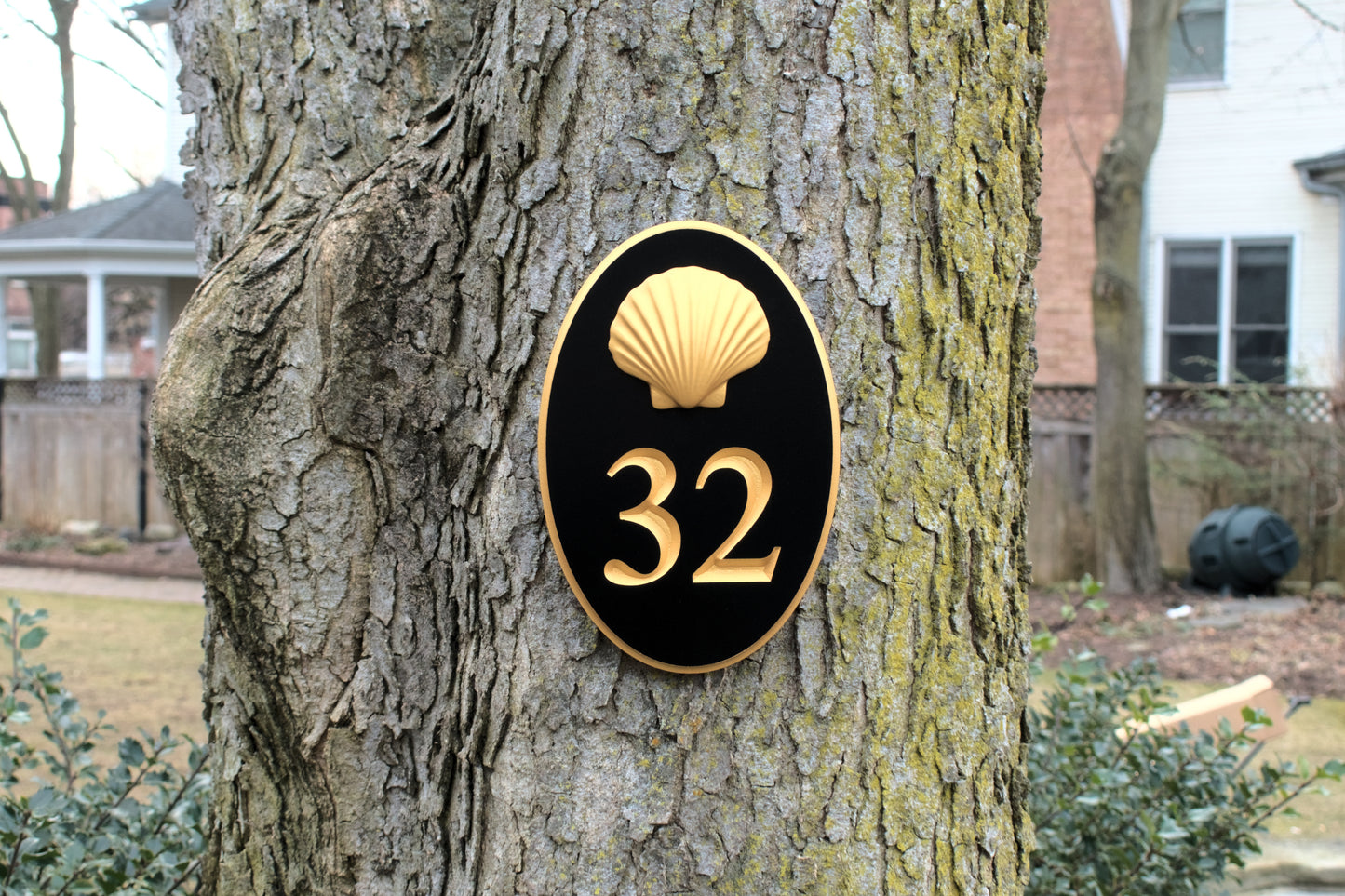 Vertical Oval Carved Address Plaque With Scallop Shell