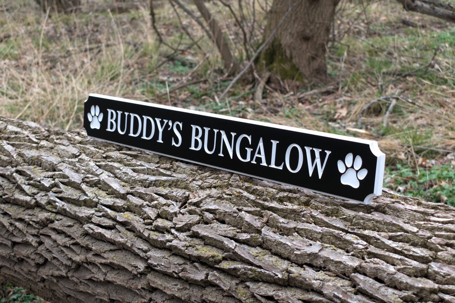 Carved Quarterboard Sign With Dog Paw Print Design