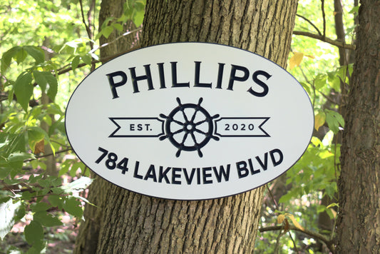 Last Name And Address Sign With Nautical Ship's Wheel Helm Design and Established Date