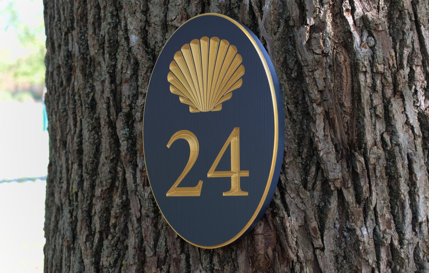 Carved Vertical Oval Address Plaque, Shell Design