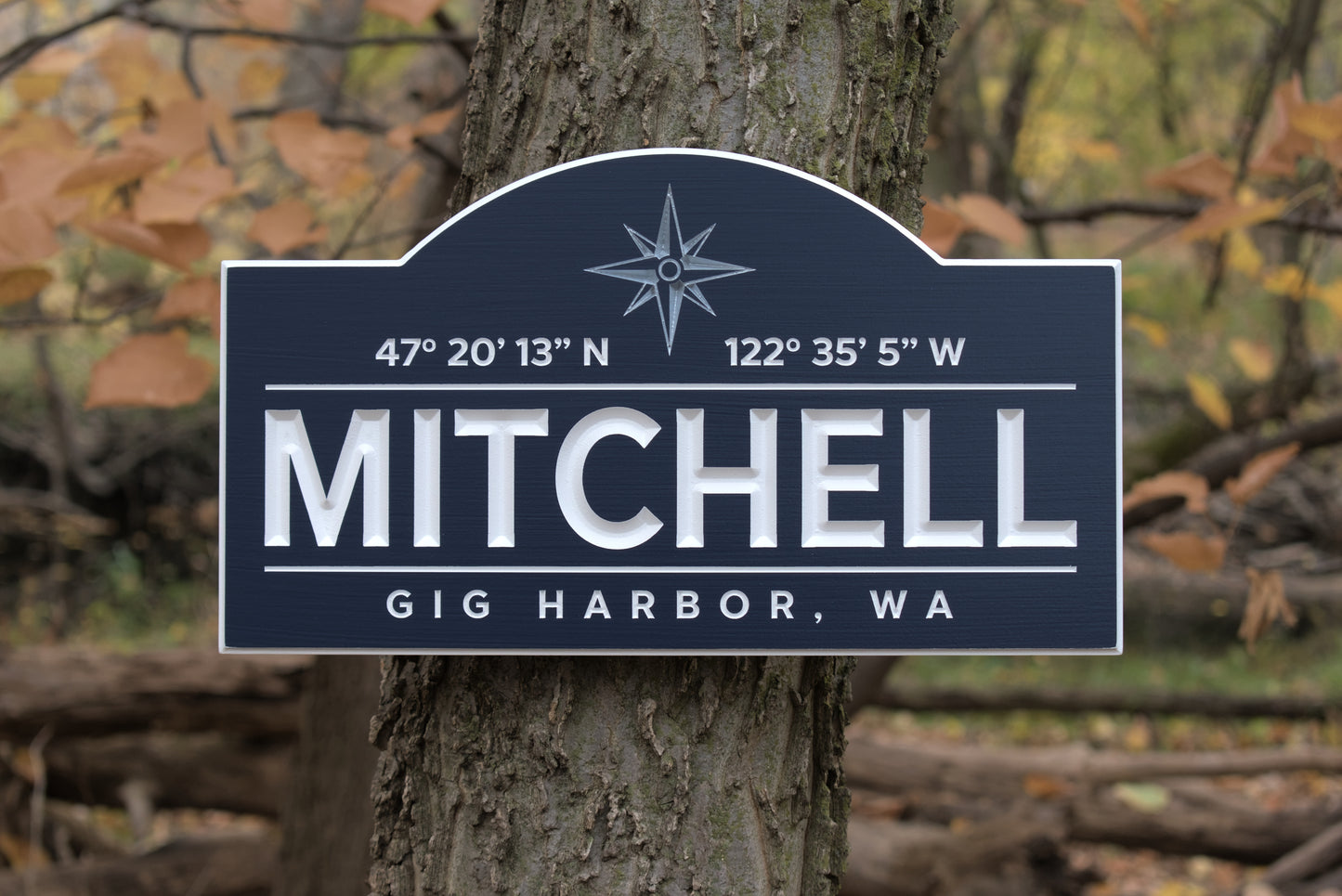 Carved Nautical Last Name Sign with Coordinates and City or Date