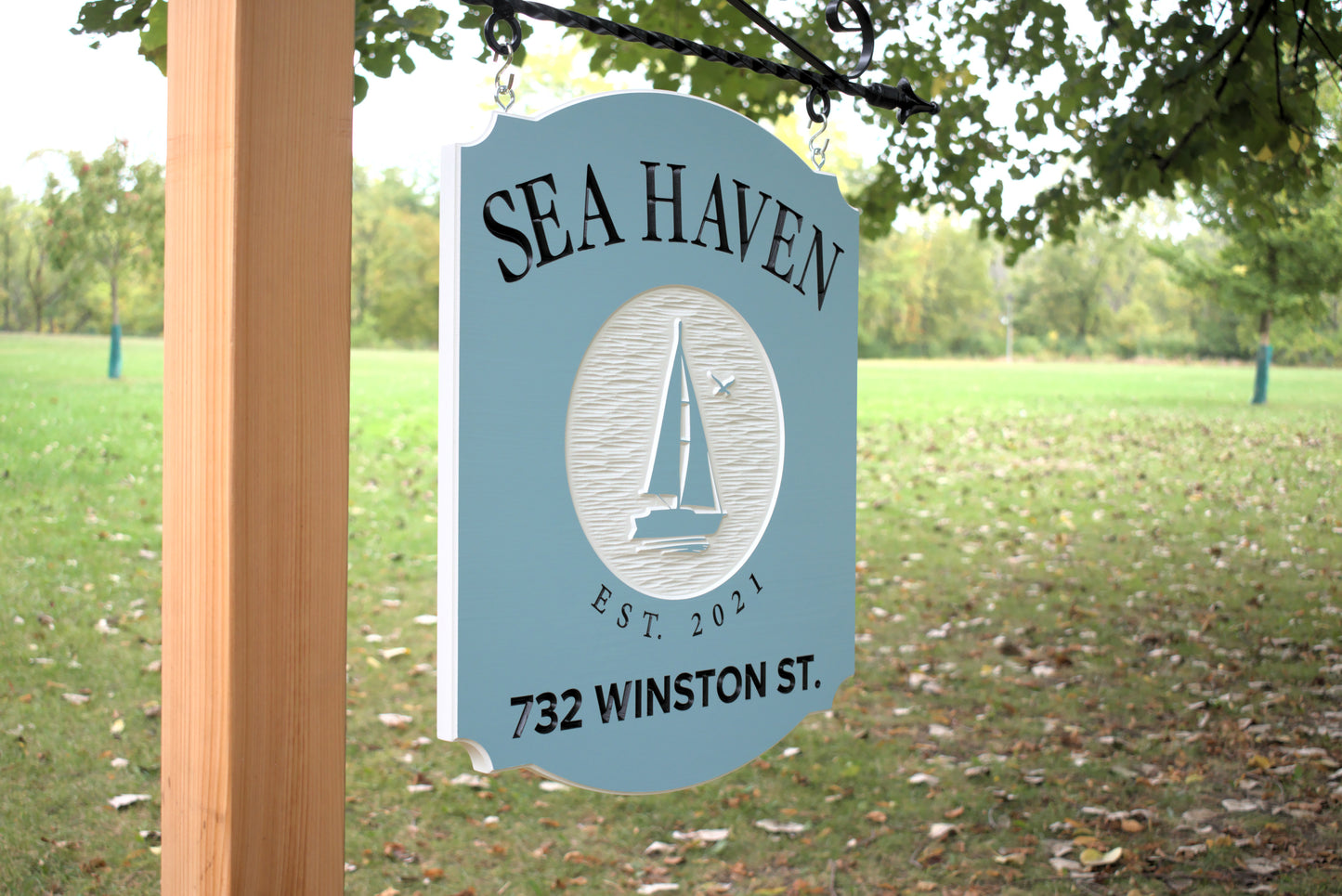 Vacation Home Sign With Address and Sailboat Design